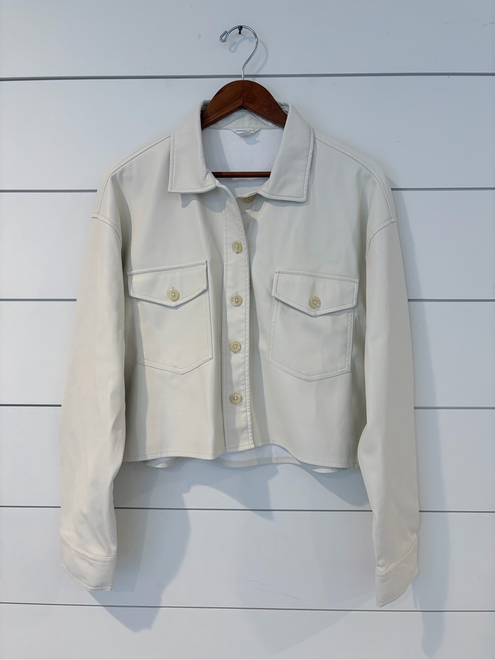 Aeropostale Ivory Faux Leather Shacket L Quiet Luxury Minimalist Moto Cropped
